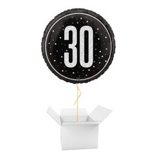 Black Glitz Age 30 Holographic Round Foil Helium Balloon - Inflated Balloon in a Box