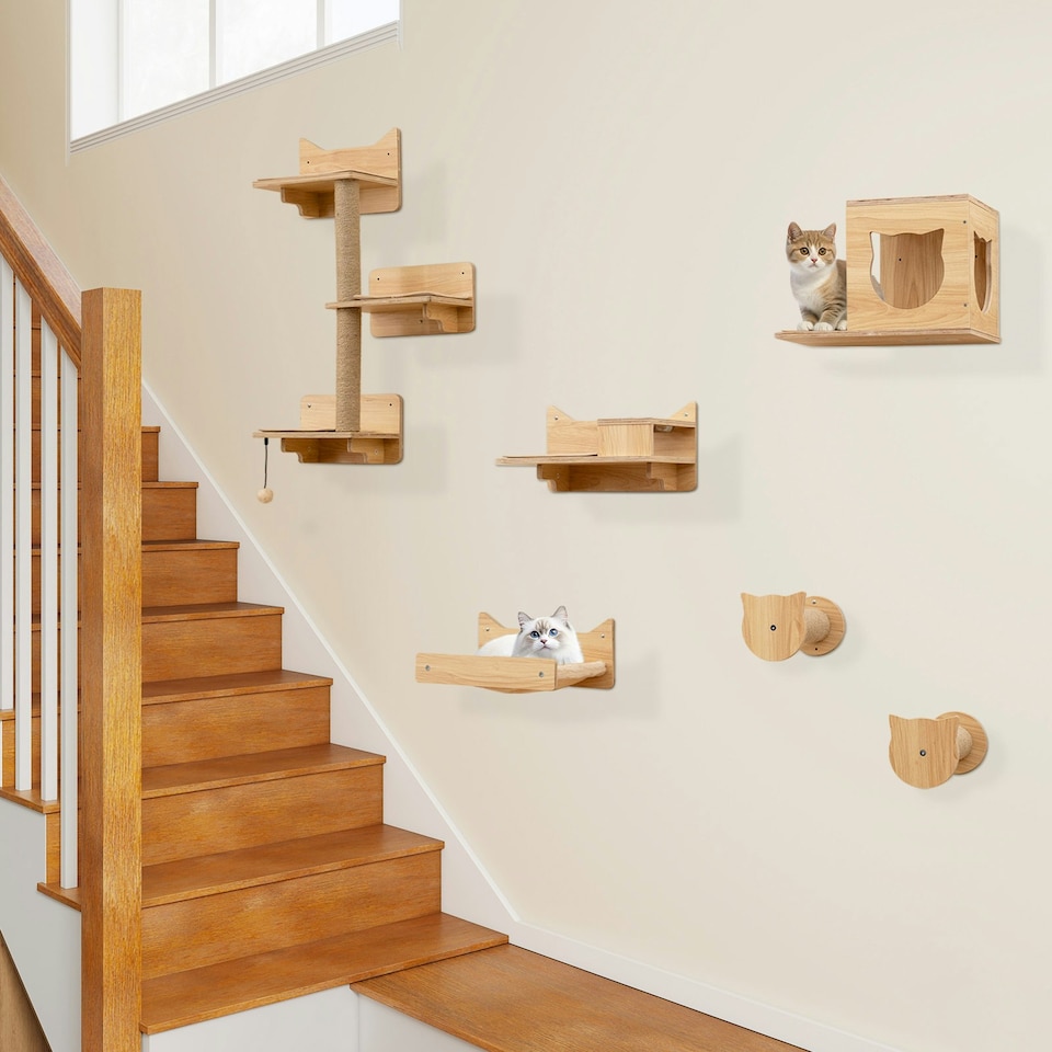 image 1 of COSTWAY 6Pcs Cat Wall Furniture Set Wall Mounted Shelves