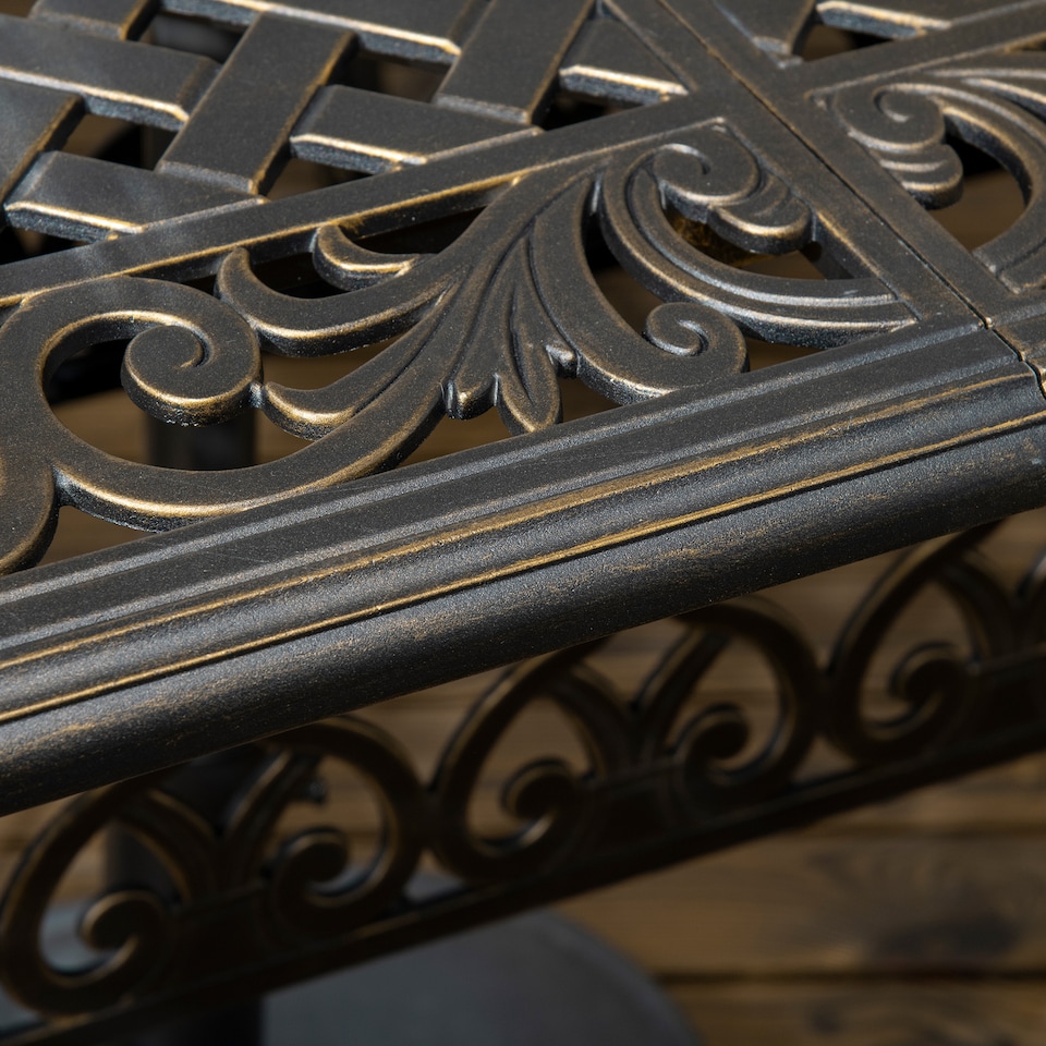image 1 of Outsunny 7-PC Cast Aluminum Patio Dining Set w/ Umbrella Hole & Cushion, Bronze | Bronze | Bronze tone, Khaki | Table: 150x90x72.5cm, Chair: 62x65x91cm
