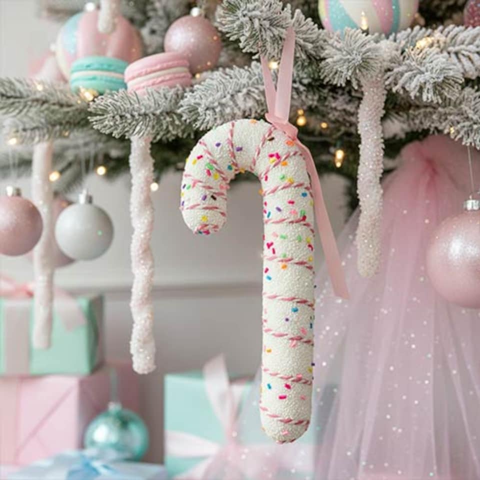 image 1 of White Candy Cane with Pink Ribbon Hanging Christmas Decoration 17cm