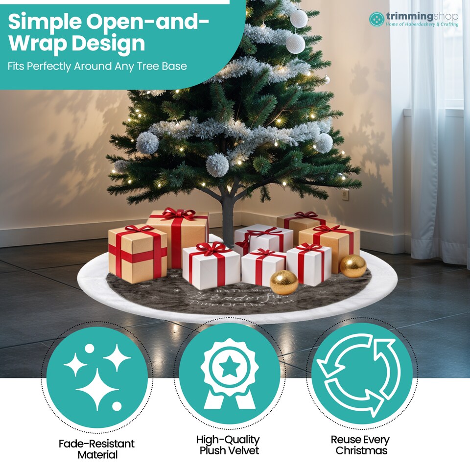 image 1 of 100cm Grey & White Velvet Christmas Tree Skirt, Xmas Tree Floor Mat Cover