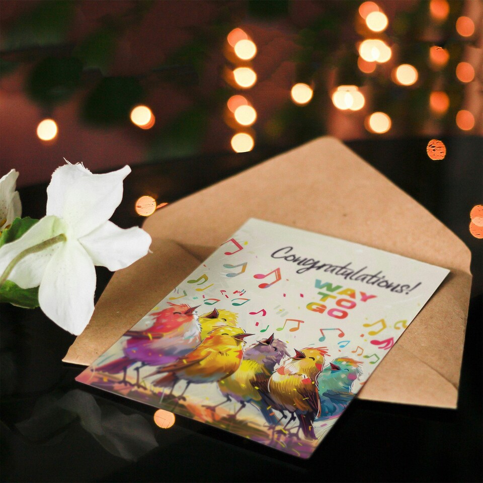 image 1 of Cheerful Colourful Birds Singing Way Go Woman Congratulations Her Card