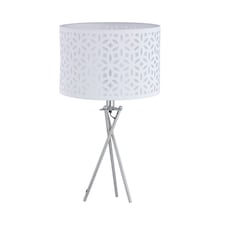 First Choice Lighting Chrome Tripod Table Lamp with White Laser Cut Shade Chrome | White