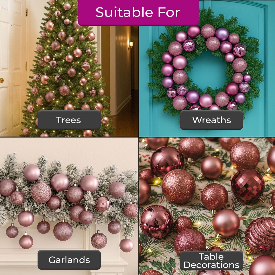 image 1 of Christmas Tree Ornaments Baubles Set | Pink | Dusty Pink