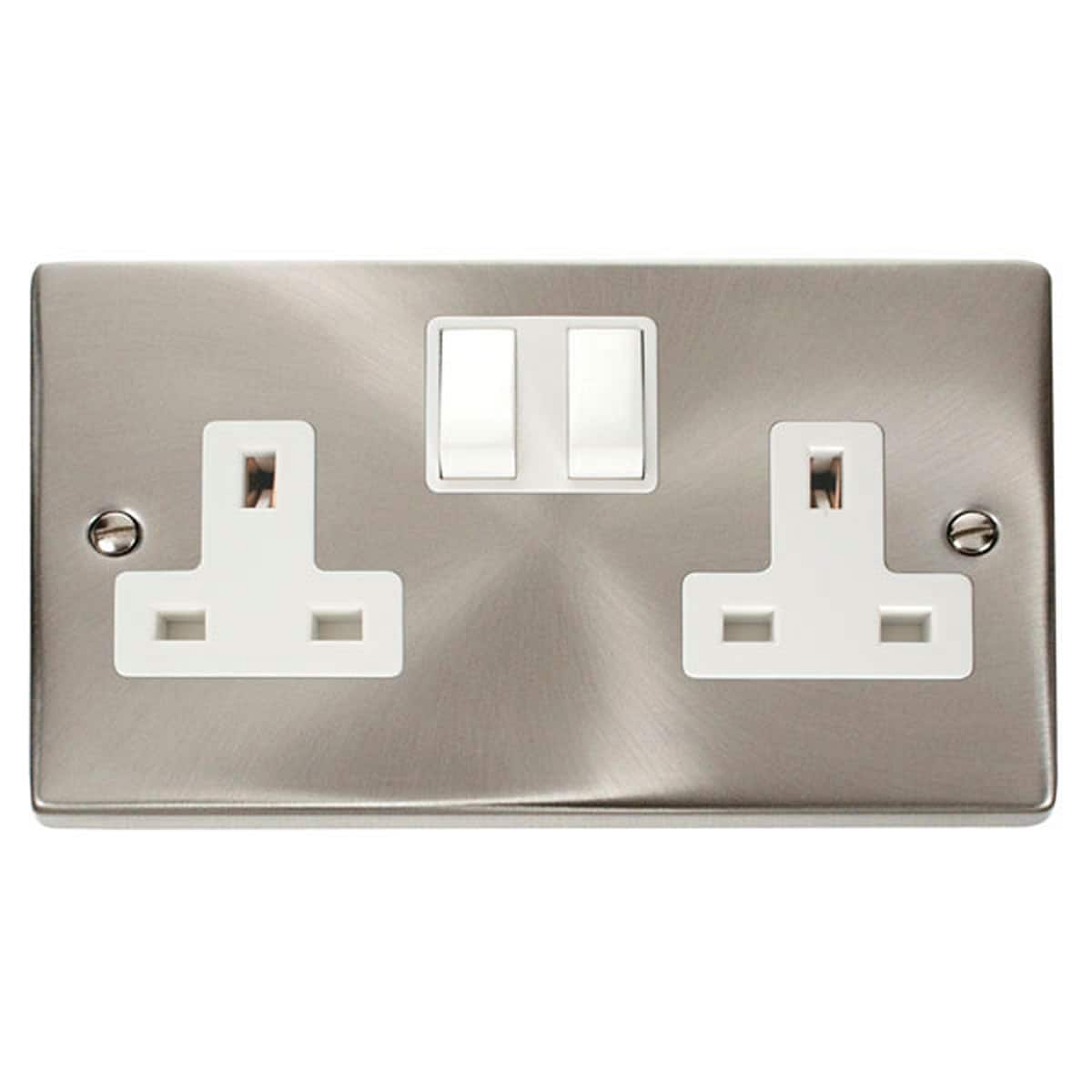 SE Home Satin / Brushed Chrome 2 Gang 13A Twin Double Switched Plug Socket in Metallic Silver