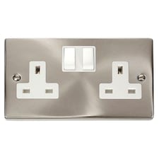 SE HOME Satin Brushed Chrome 2 Gang 13A Twin Double Switched Plug Socket | Chrome | Satin Chrome