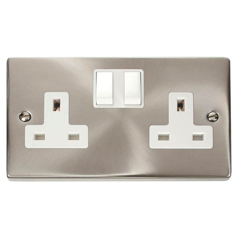 image 1 of SE HOME Satin Brushed Chrome 2 Gang 13A Twin Double Switched Plug Socket | Chrome | Satin Chrome