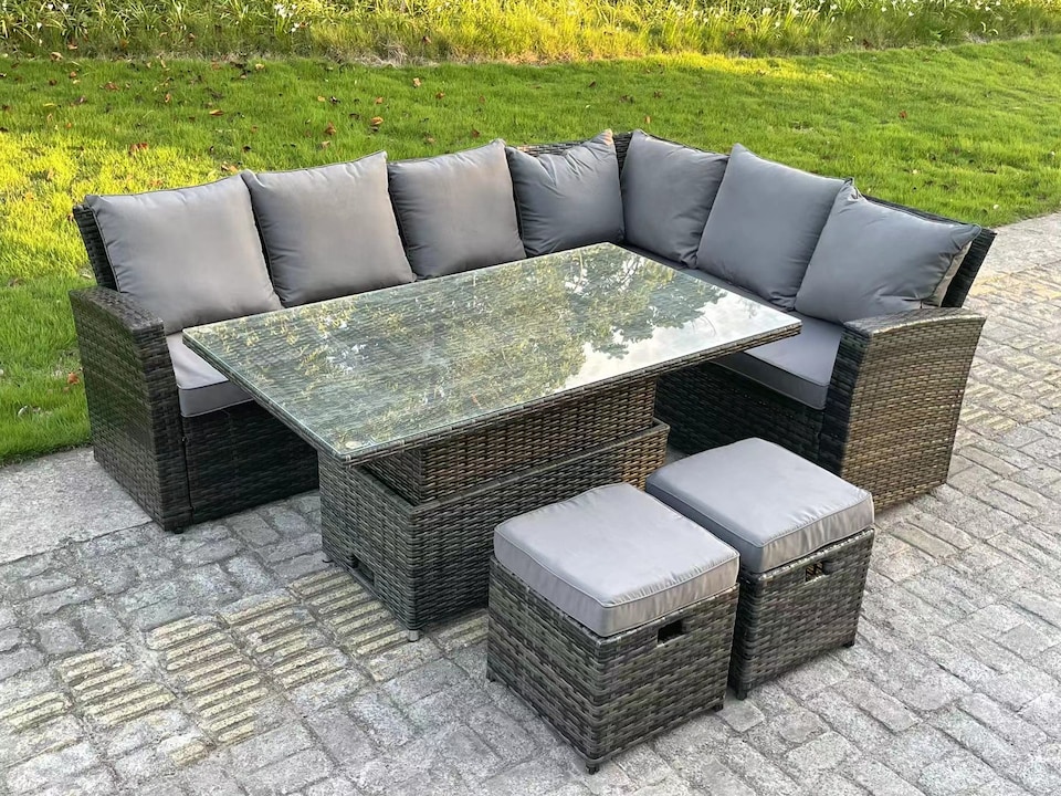 image 1 of Fimous High Back Rattan Garden Furniture Corner Sofa Sets Adjustable Rising Table Dark Mixed Grey 8 seater right corner