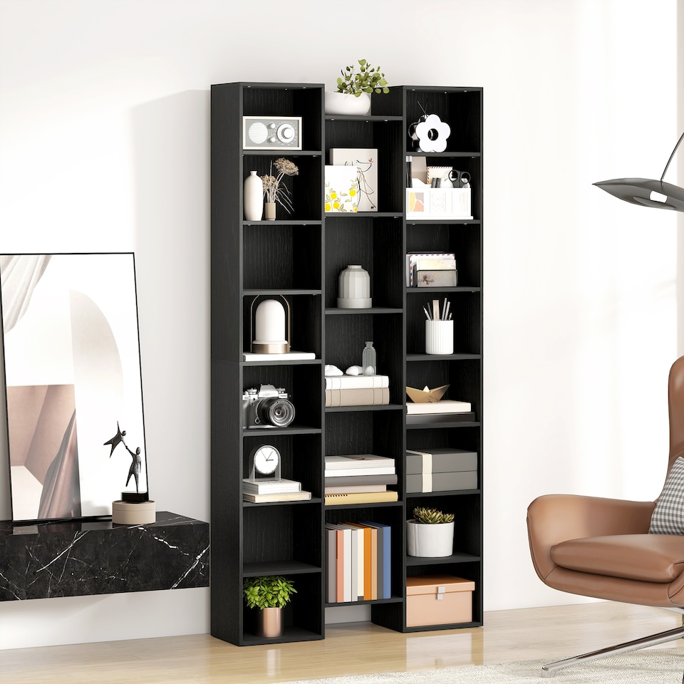 image 1 of HOMCOM 21-Cube Tall Bookcase, Modern Cube Book shelf with 10 Adjustable Shelves, Freestanding Multi-Functional Storage Unit for Living Room, Home Office, Bedroom, 181 x 89.5W cm, Black | Black | Black