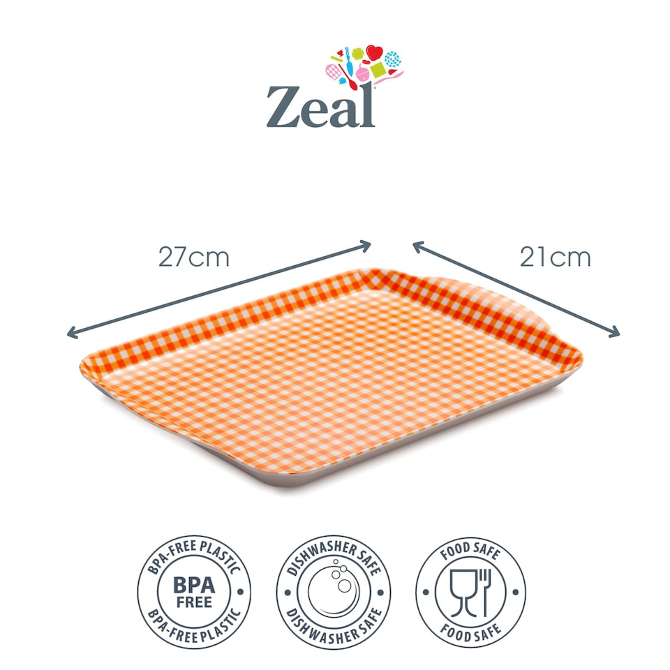 image 1 of Zeal Melamine Small Serving Tray, Gingham Pattern, 25 x 19cm, Neon Orange