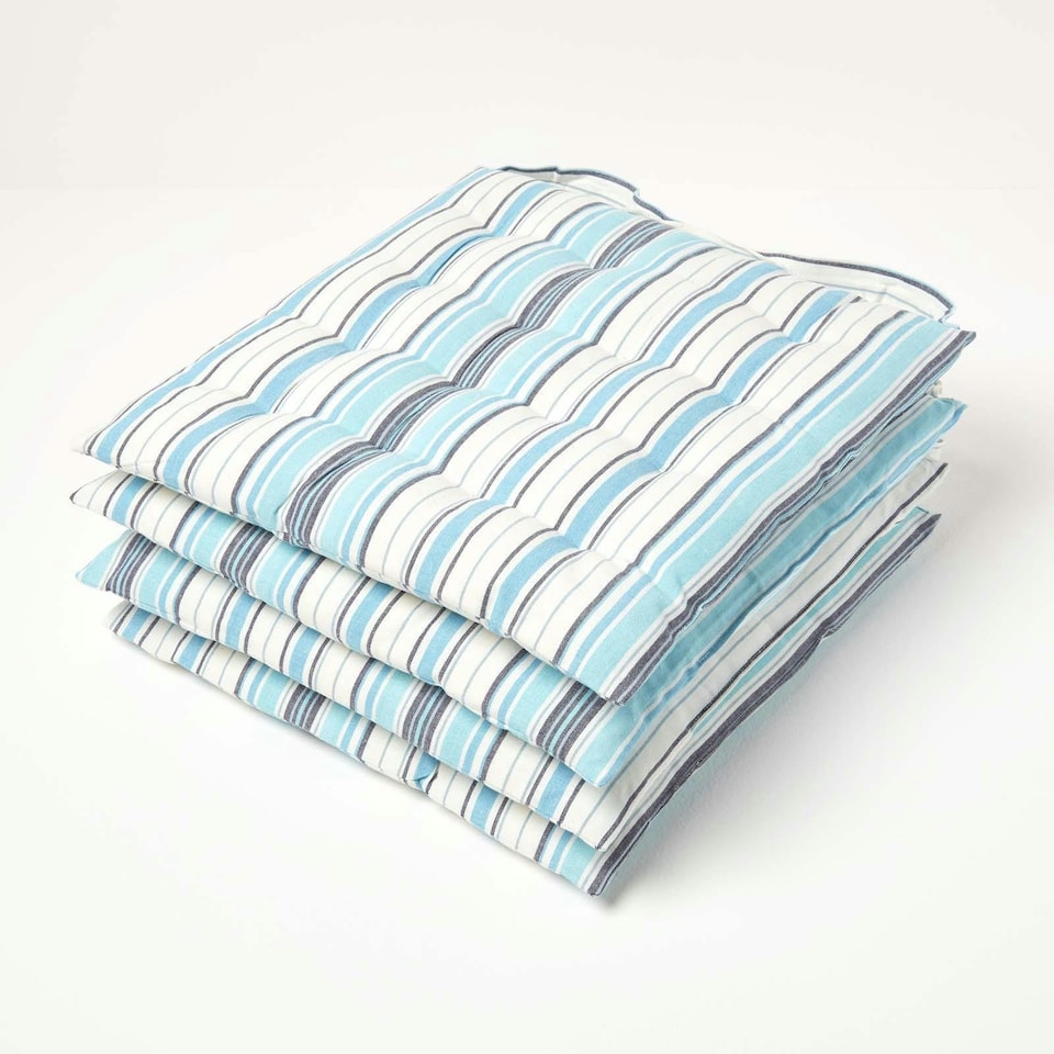 image 1 of Homescapes 4 x Seat Pads Luxury Cotton Stripe Indoor Outdoor Garden Dining Cushion | Blue | 40 x 40 cm | 4