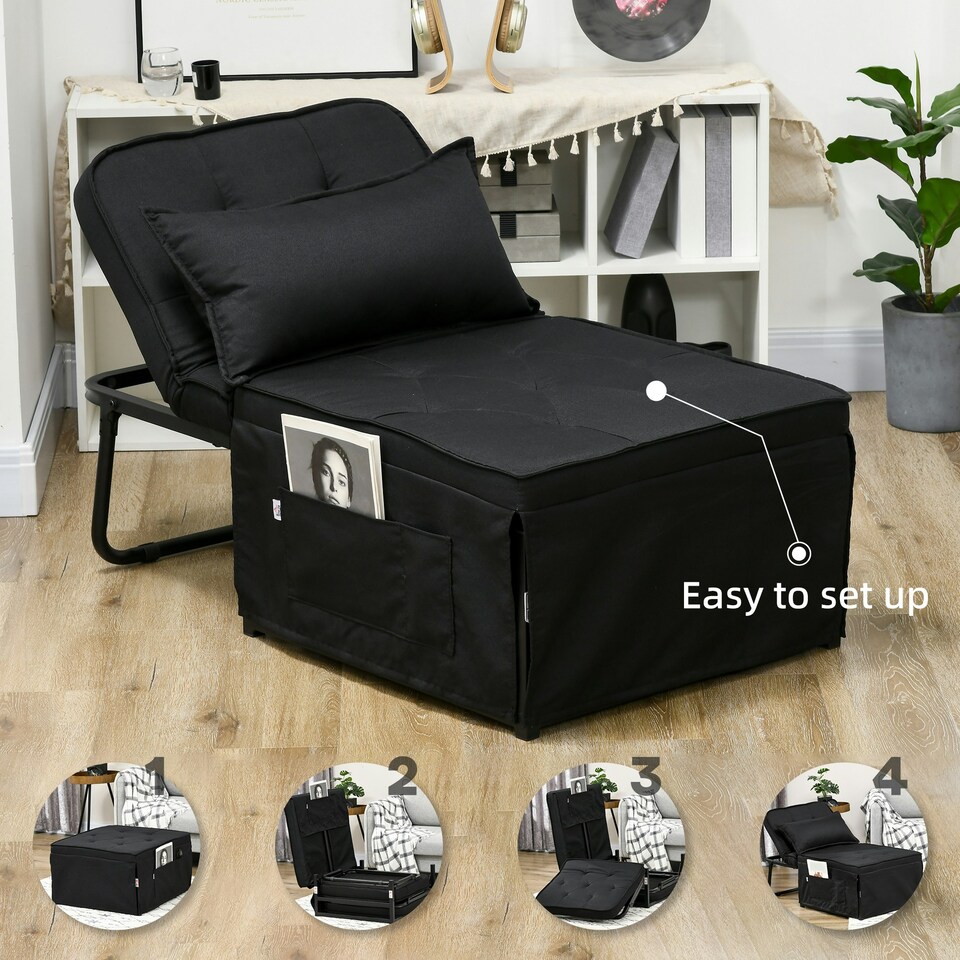 image 1 of HOMCOM Folding Sleeper Chair Bed with Pillow and Side Pockets, Black