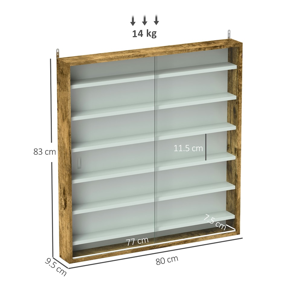 image 1 of HOMCOM 7-Tier Wall Display Cabinet w/ Shelves Glass Doors, Rustic Brown Brown