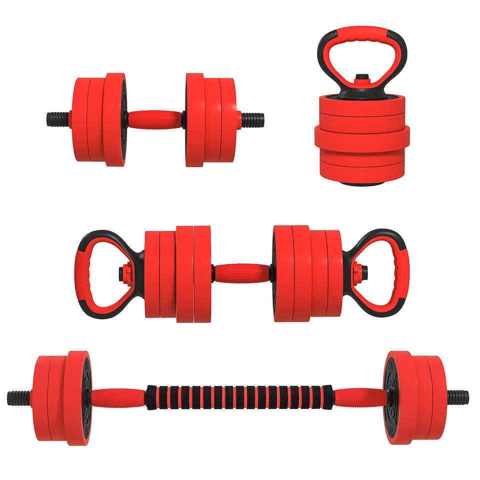 image 1 of SPORTNOW 4-in-1 Adjustable Weight Dumbbells Set, Used as Barbell, Kettlebell, Push up Stand, Free Weights Set for Men and Women Home Gym Training, 20KG, Red