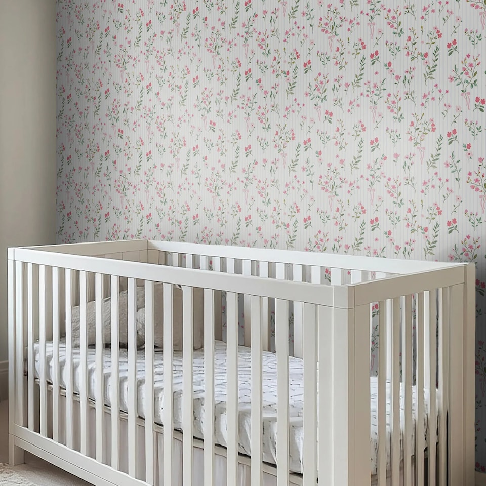 image 1 of Floral Pinstripe Wallpaper in Pink and Blue | Pink | Pink | 50cm x 10m