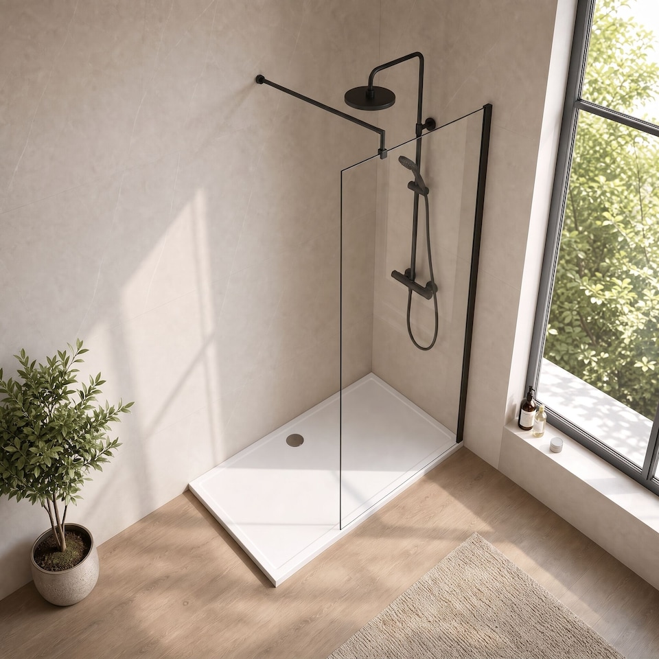 image 1 of Balterley Blymhill Contemporary Bathroom 8mm Glass Profile Wetroom Screen with Support Bar, Matt Black, 1950 x 700 x 14mm