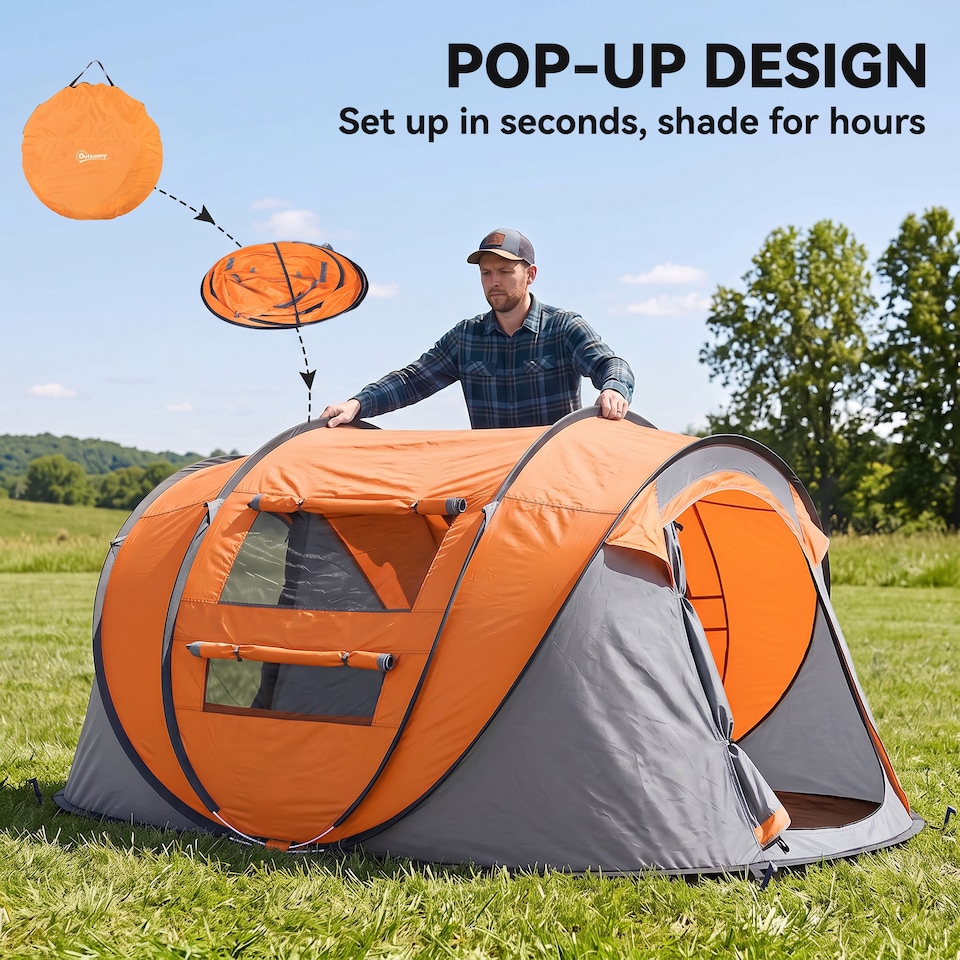 image 1 of Outsunny Camping Tent Dome Pop-up Tent with Windows for 3 Person Orange