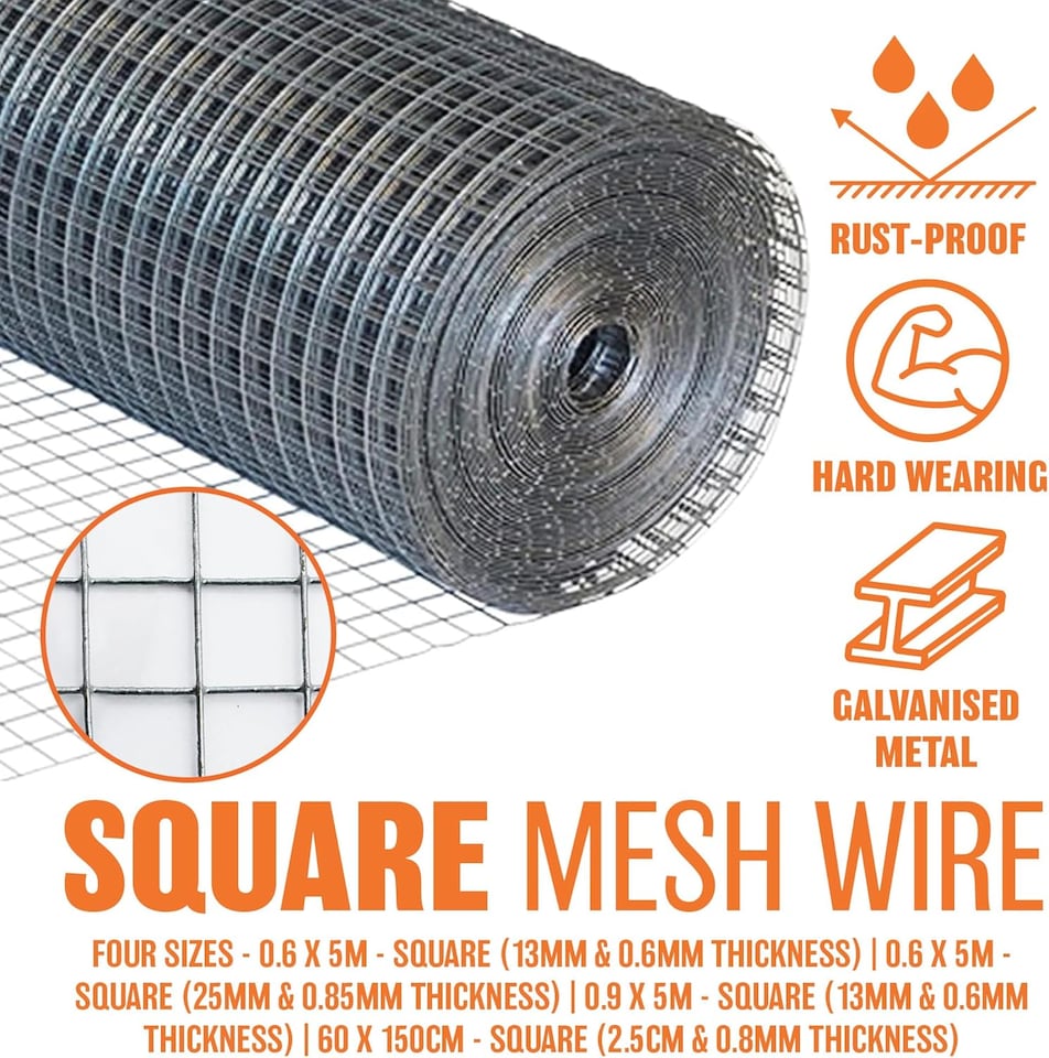 image 1 of Square Mesh Galvanised Garden Wire 600mm X 5m Chicken Fencing Wire Diy