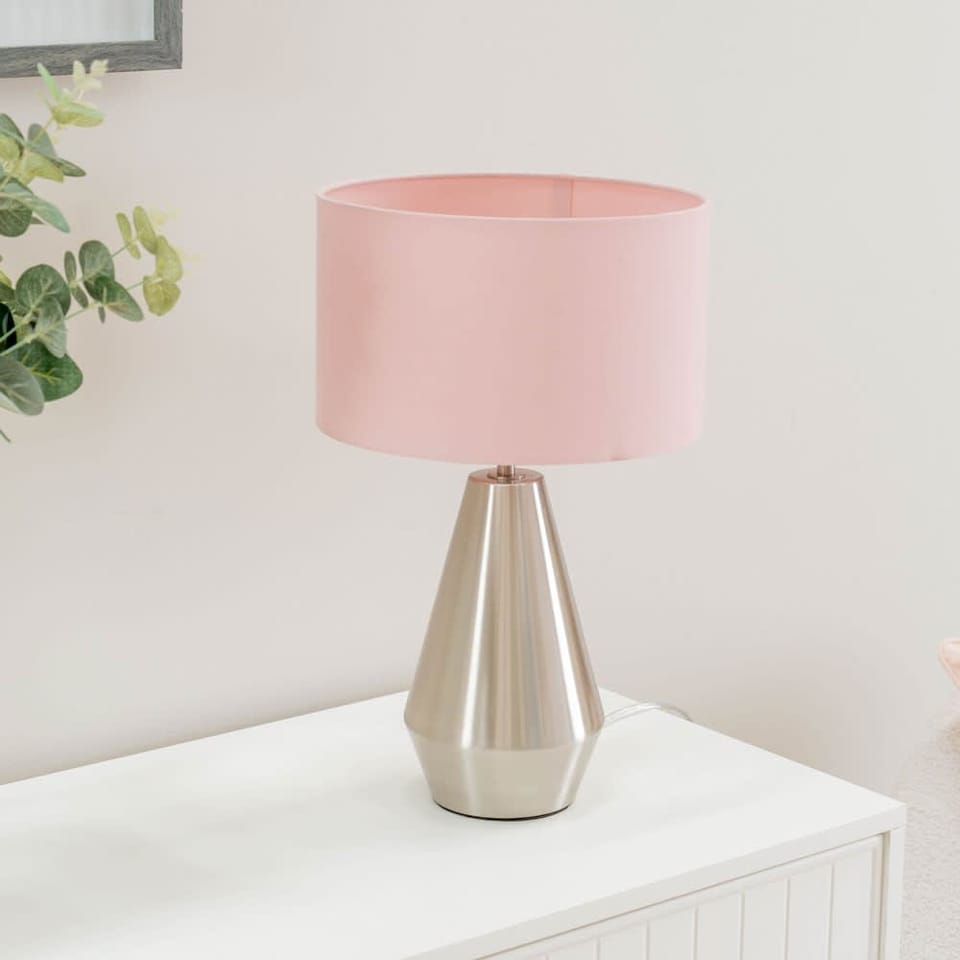 image 1 of ValueLights Jax Brushed Chrome Touch Table Lamp Blush Pink Shade and Bulb