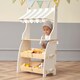 image 5 of Hooga Kids Wooden Toy Shop, Role Play Shop Market Stand With Realistic Shelving and Fabric Canopy
