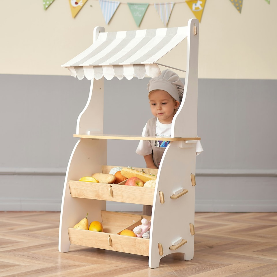 image 1 of Hooga Kids Wooden Toy Shop, Role Play Shop Market Stand With Realistic Shelving and Fabric Canopy