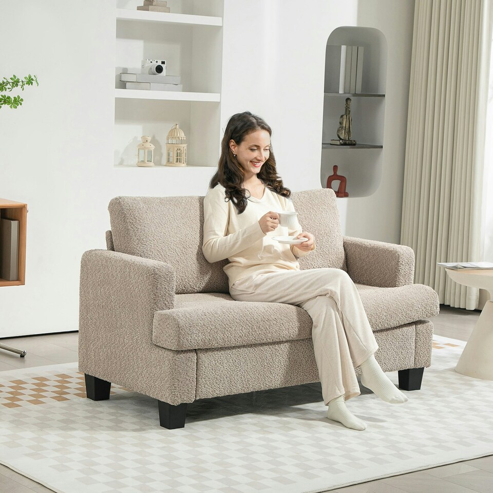 image 1 of HOMCOM 138 cm Chenille Fabric Loveseat Sofa with S-springs, Light Brown Cream