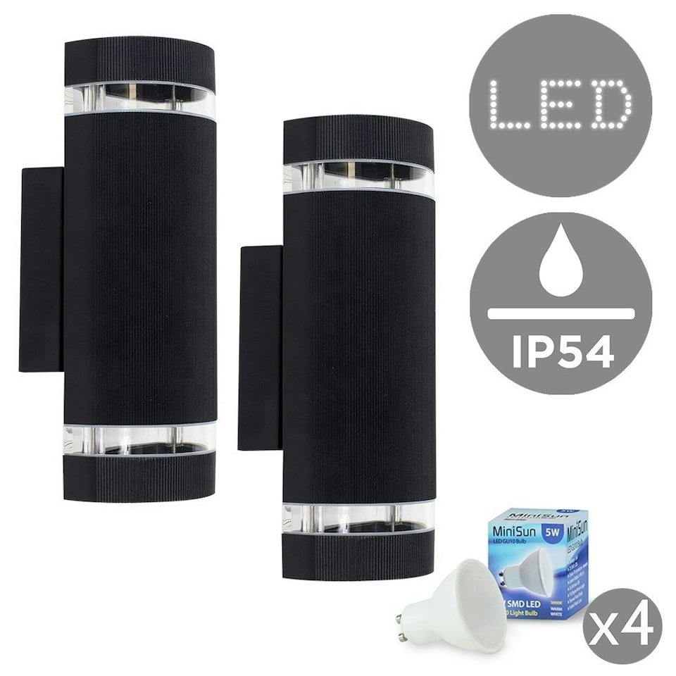 image 1 of ValueLights Pair of Black Ryston Outdoor Wall Up-Down Lights with 5W Warm White Bulb