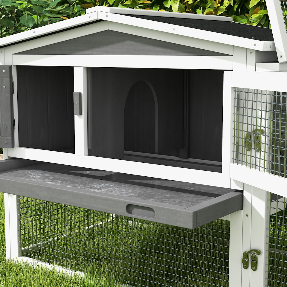image 1 of PawHut Rabbit Hutch, Bunny Cage with Run & Sliding Tray, Hay Rack, Grey