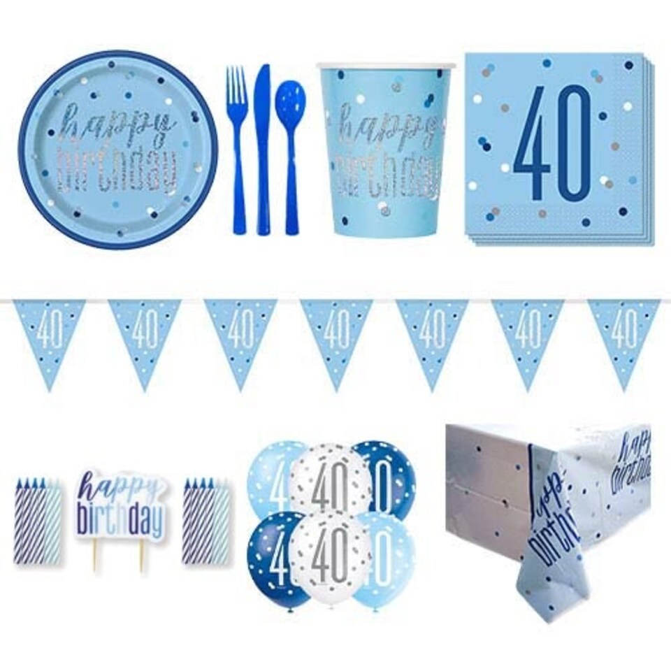Blue Glitz 40th Birthday 8 Person Deluxe Party Pack
