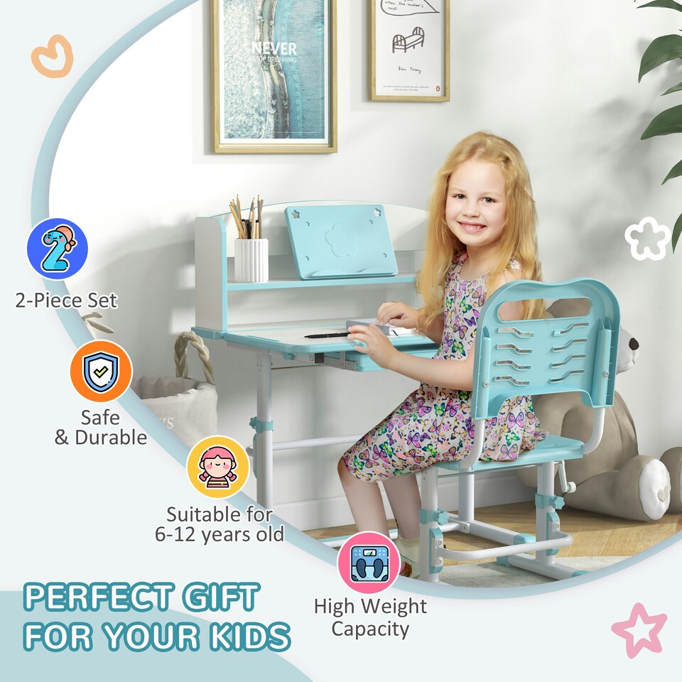 image 1 of ZONEKIZ Height Adjustable Kids Desk and Chair Set, with Drawer, Bookshelf, Blue Blue