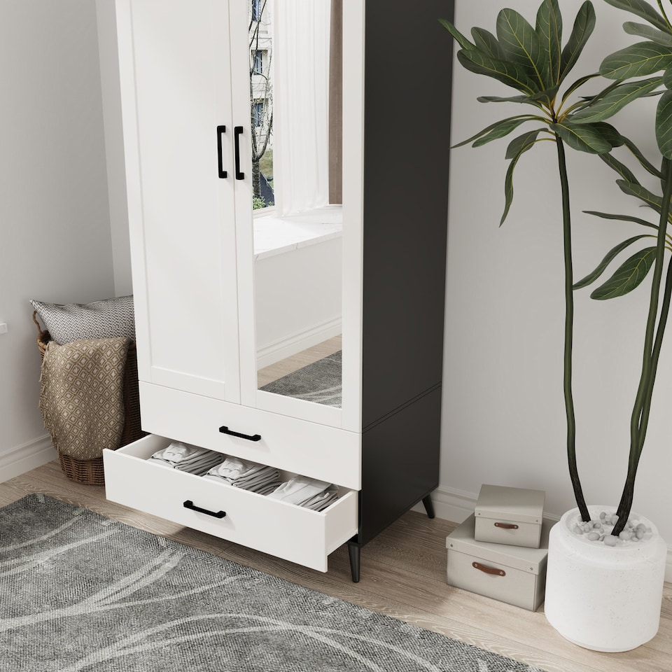 image 1 of 2-Door 2-Drawer Mirror Wardrobe with Legs | Black | Black & White | 55 x 9.5 x 149 | 1