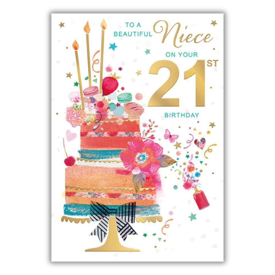 Words 'n' Wishes Niece 21st Birthday Card, Gold Foil Finish, Floral Cake Design
