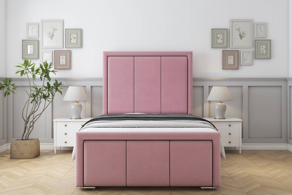 image 1 of Sloomy Lancaster Pink Plush Bed Frame With Mattress With 50" Upholstered Headboard 4' Small Double