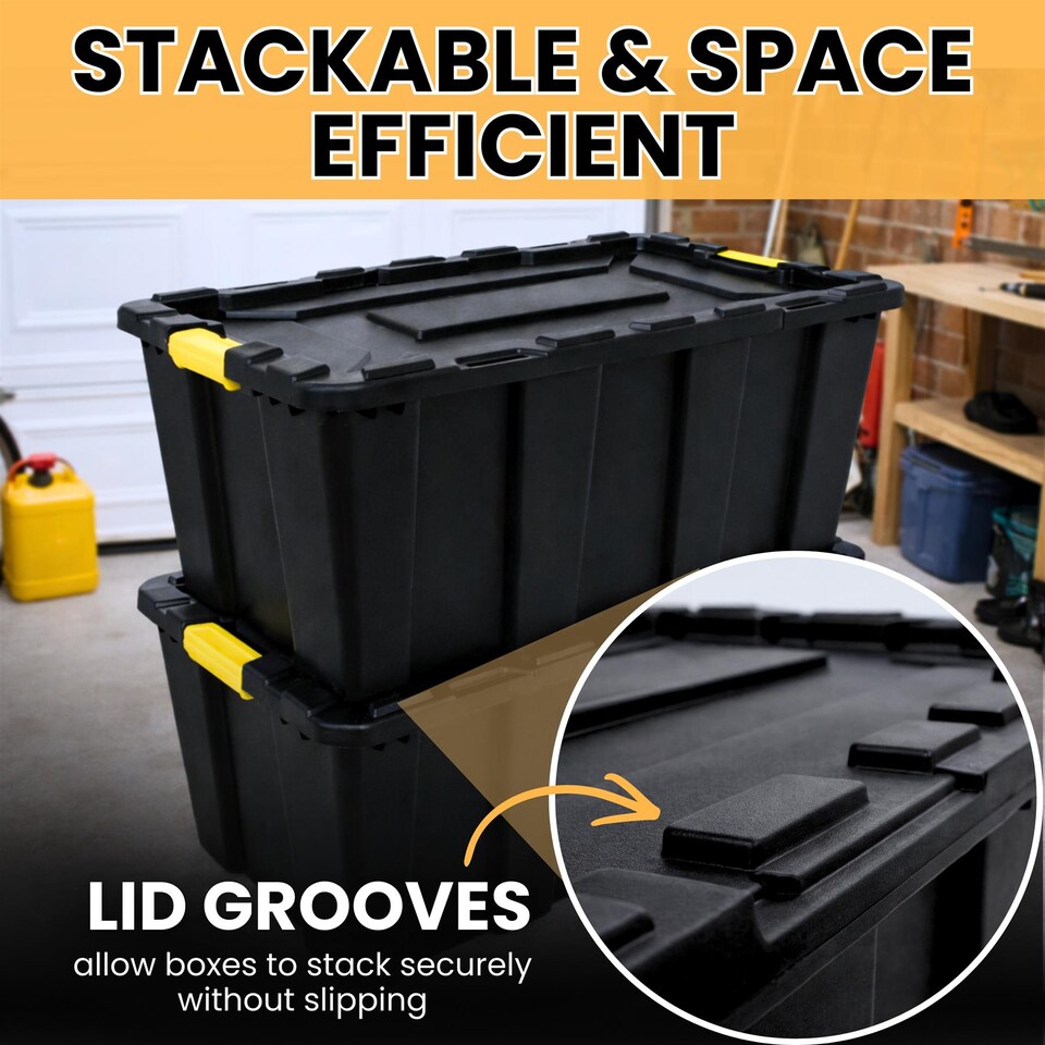 image 1 of Large Plastic Storage Box with Lid (92x58x42 cm) Heavy Duty Container 150L Capacity Black Stackable Box for Garage Pack of 10