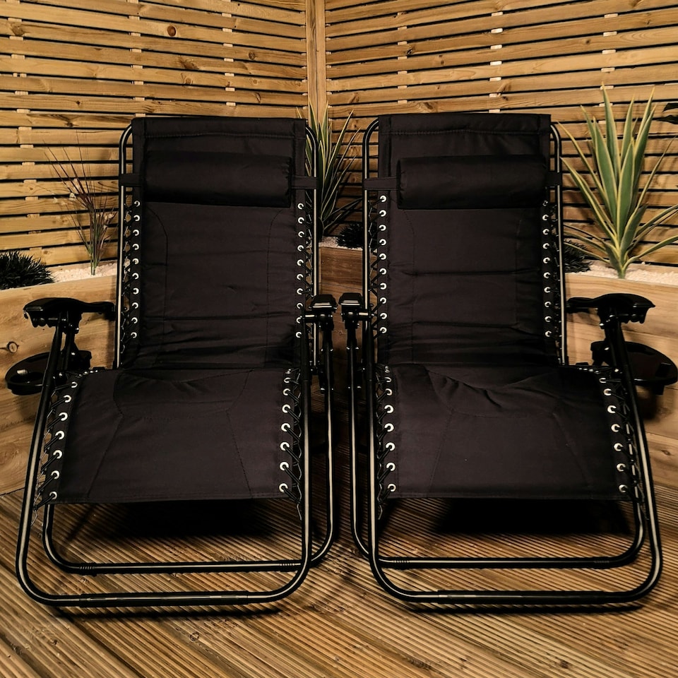 image 1 of Set of 2 Luxury Padded Multi Position Zero Gravity Garden Relaxer Chair Lounger in All Black
