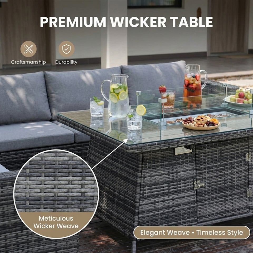 image 1 of Alivio 8-Seater Rattan Garden Furniture Set, Luxury PE Rattan Sofa with Gas Fire Pit Table & Cushions | Grey