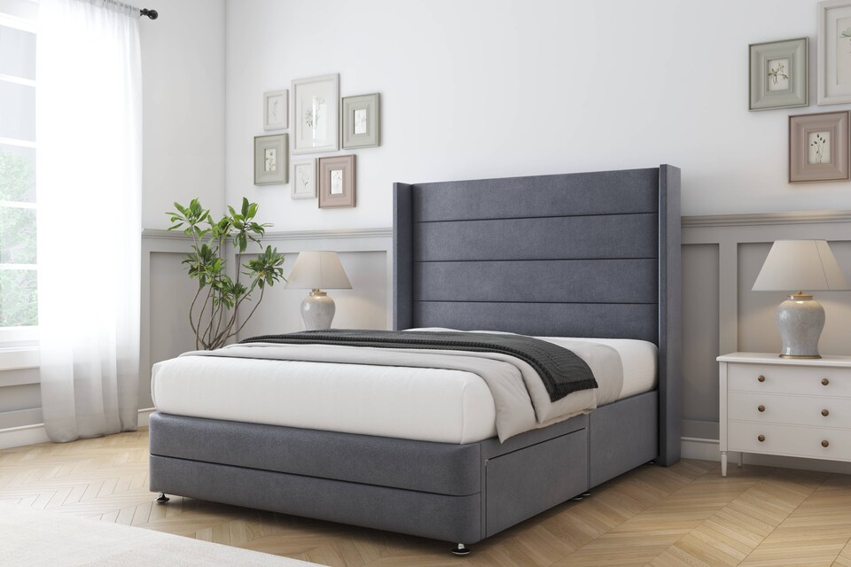 image 1 of Sloomy Sterling Steel Plush Divan Bed Base No Drawers With 54 Inch Wingback Headboard & 12 Inch Matching Footboard | Grey | Steel | Small Single | 1