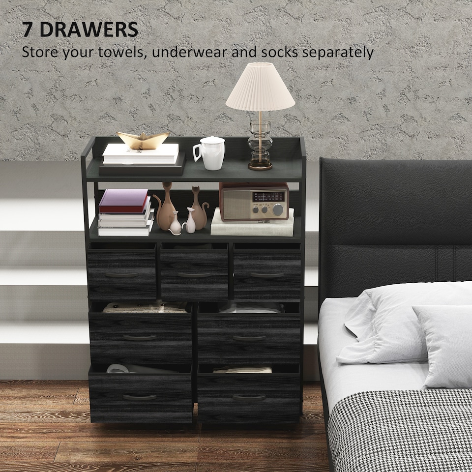 image 1 of HOMCOM Bedroom Chest of Drawers, Fabric Dresser with 7 Drawers, Storage Organiser Unit with Open Shelves and Metal Frame for Living Room, Entryway, Black | Black | Black
