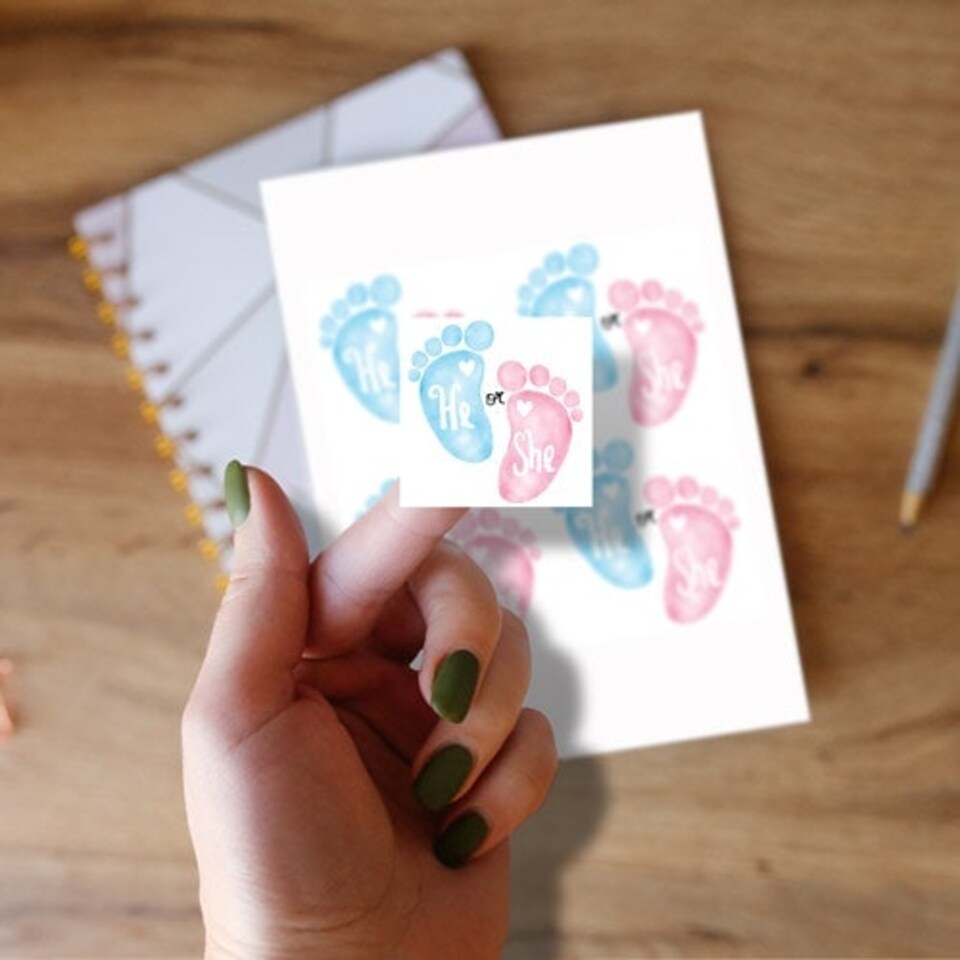 image 1 of He or She Gender Reveal Square Stickers 95mm - Sheet of 4