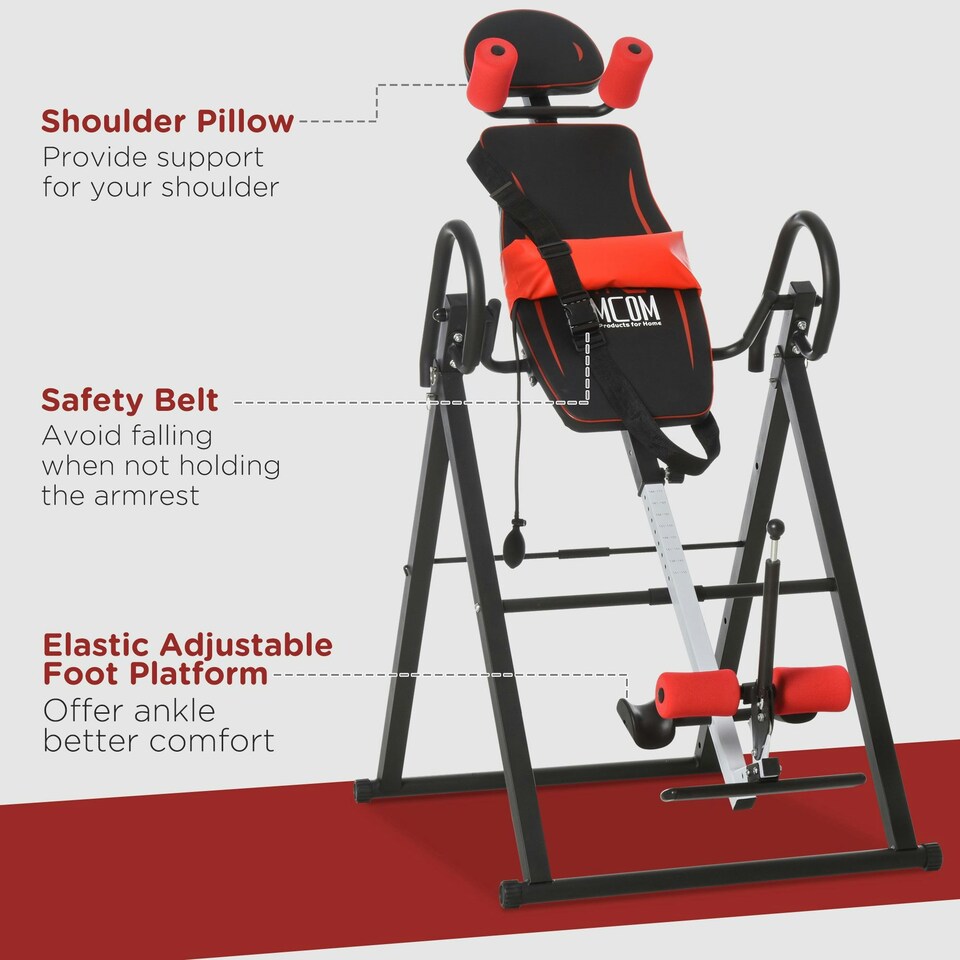 image 1 of HOMCOM Adjustable Gravity Inversion Table with Safety Belt, Red