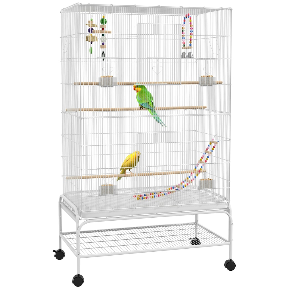 image 1 of PawHut Bird Cage with Stand, Wheels, Toys, for Budgies, Finches, White