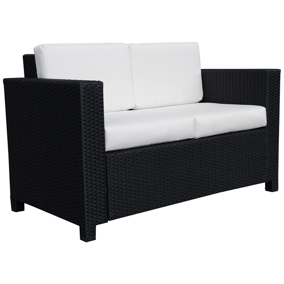 image 1 of Outsunny Rattan Sofa, 2 Seater Garden Furniture with Soft Padded Cushion and Armrests, Wicker Garden Loveseat for Patio, Black