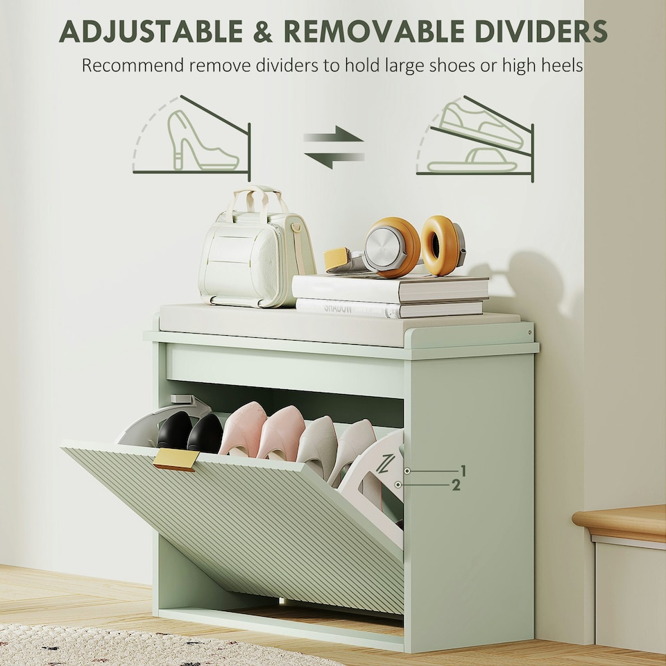image 1 of HOMCOM Shoe Storage Bench with Cushion and Flip-Drawer Green