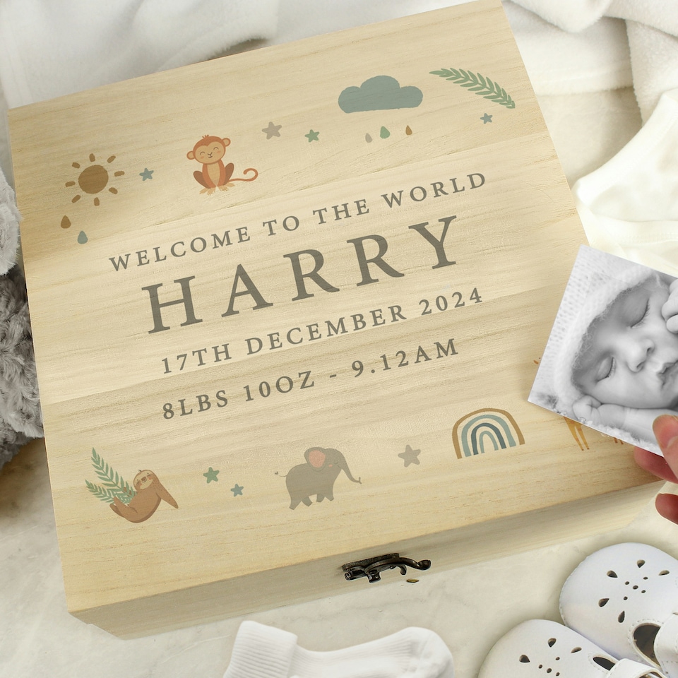 image 1 of Personalised Safari Animals Large Wooden Keepsake Box Brown