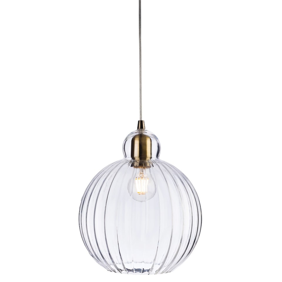 Victory 1 Light Globe Ceiling Pendant Antique Brass, Clear Glass, E27
