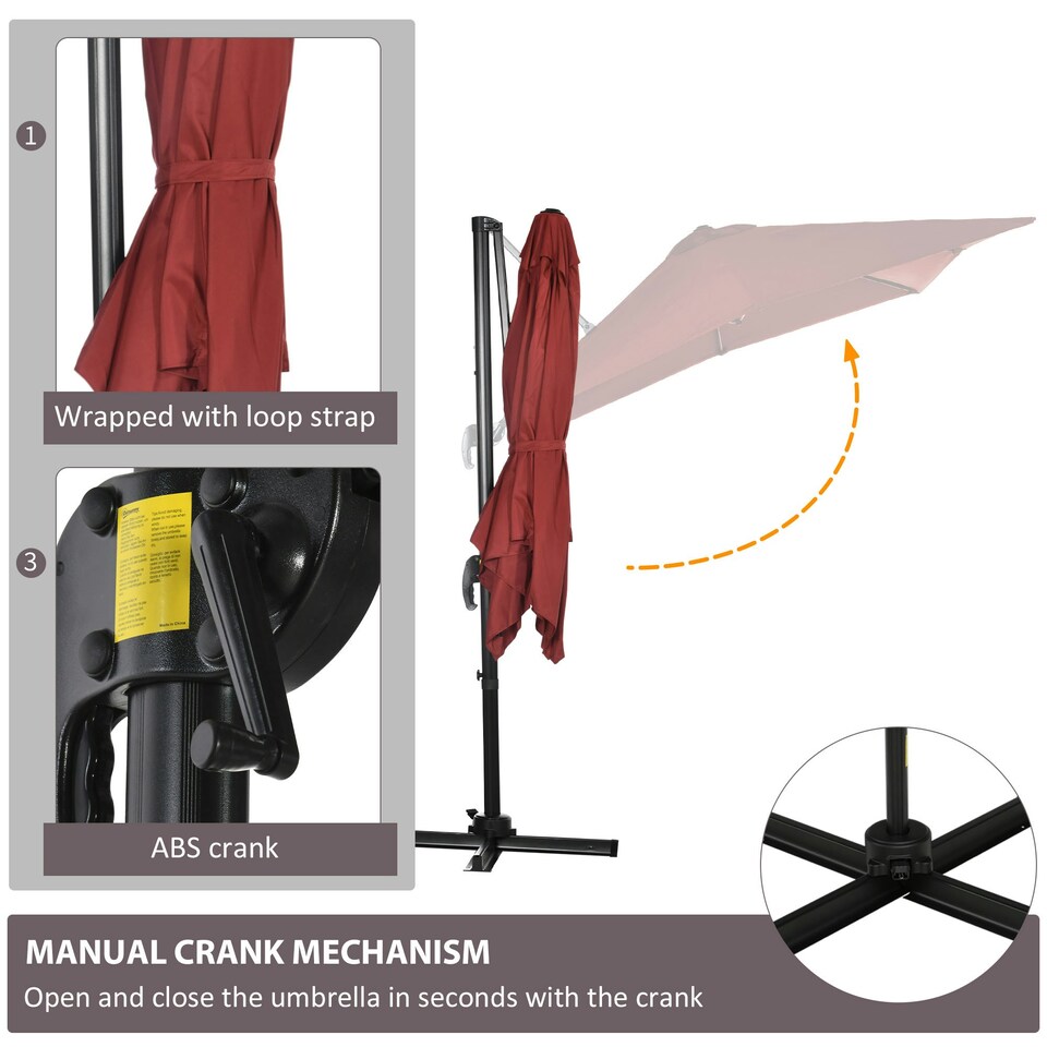 image 1 of Outsunny Square Cantilever Roma Parasol, 360-Degree Rotation, Wine Red