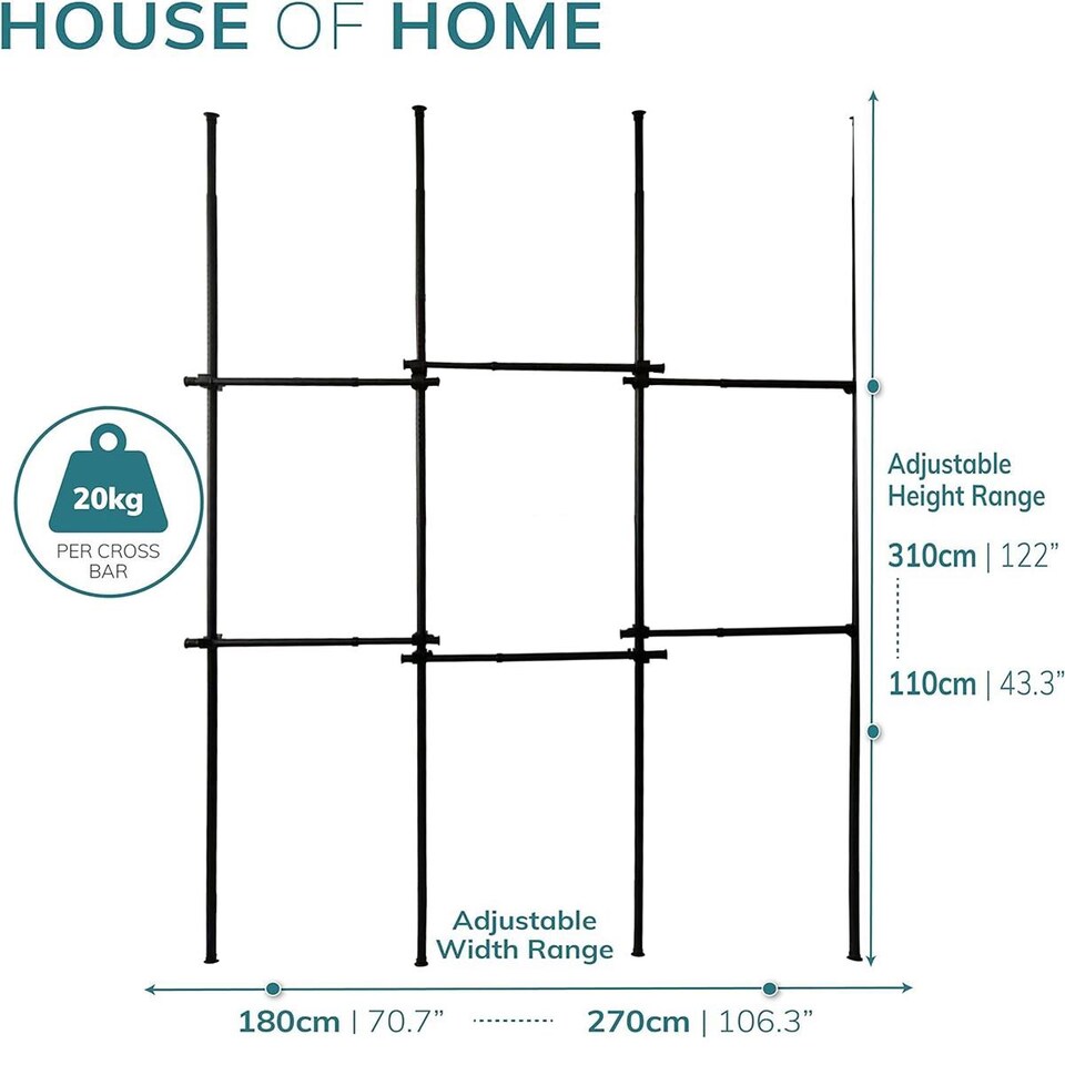 image 1 of House of Home Telescopic Clothes Rail Triple Wardrobe Hanging Rack Adjustable Storage Black | Black | Not provided