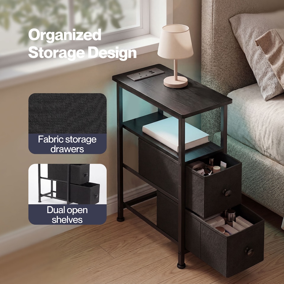 image 1 of Levede Bedside Table Narrow Side Table with LED Charging Station Storage Black