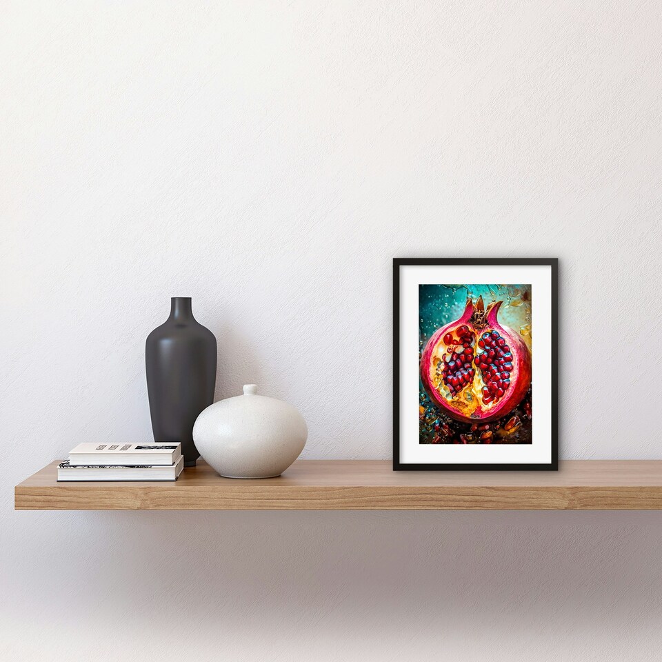 image 1 of Sliced Pomegranate Fruit Photorealistic Painting 9x7" Black Framed Wall Art Print