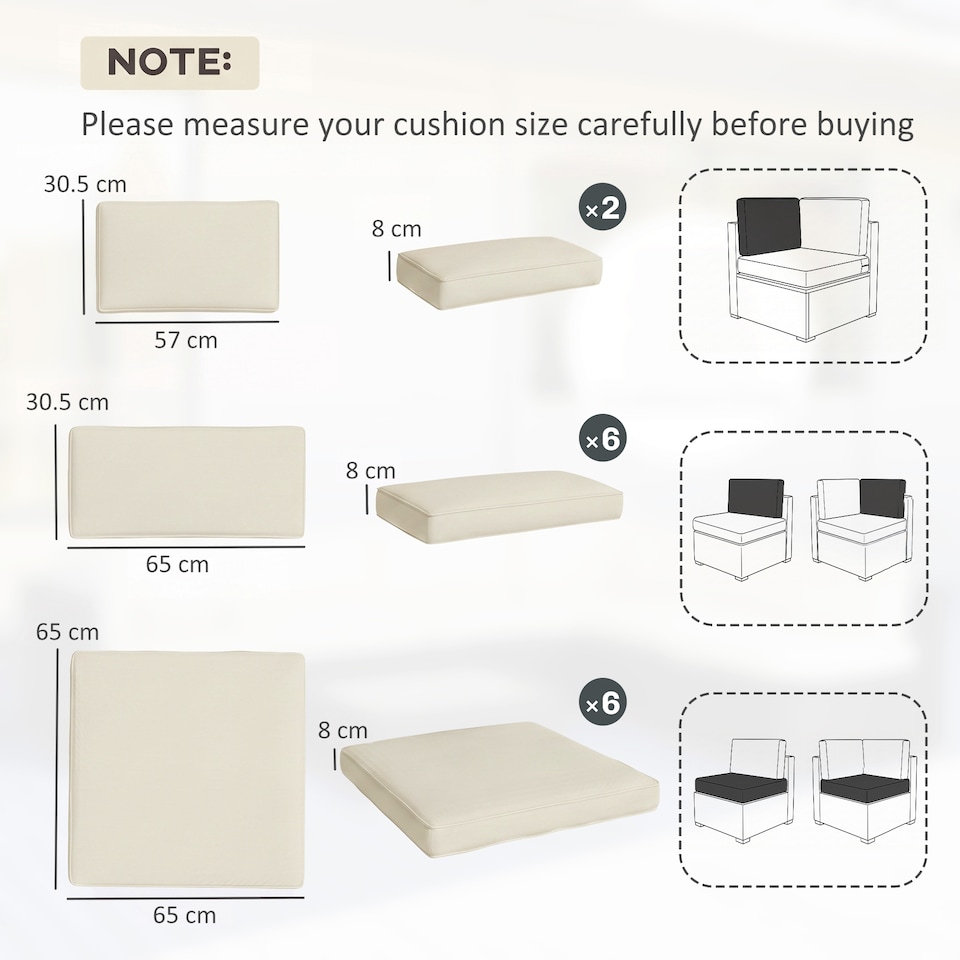 image 1 of Outsunny Garden Rattan Sofa Set Polyester Cover Replacement No Cushion Cream | Cream | Cream White | 14-piece set; Seat cushion: 65L x 65W x 8D cm; Large back cushion: 65W x 30.5H x 8D cm; Small back cushion: 57W x 30.5H x 8D cm | 4